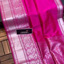Pink with silver lichi silk with weaving silver handloom saree with designer pallu