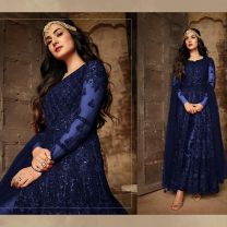 Blue colour embroidery work premium net dress