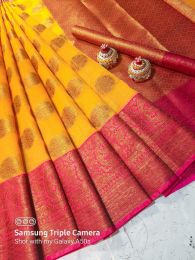 Yellow with pink contrast pallu banarasi kota cotton sareee with jacquard blouse