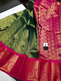 Green with pink contrast heavy kashmira rich cotton silk saree
