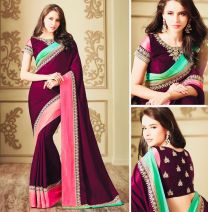 Maroon red with green contrast pallu satin embroidery saree