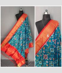 Aqua Blue with Orange Border color Ikkat Silk Dress Materials with pure silk duppattas with contrast border design