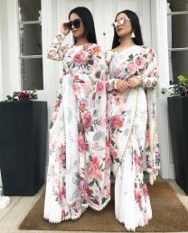 Whiye georgette printed banglori silk saree