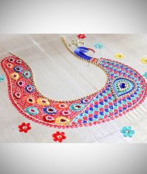 Peacock Maggam Work With Red And Blue Thread Work