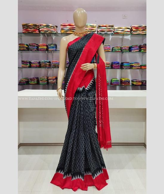 Black and Red color pochampally ikkat pure silk handloom saree with all over pochamally design sarees