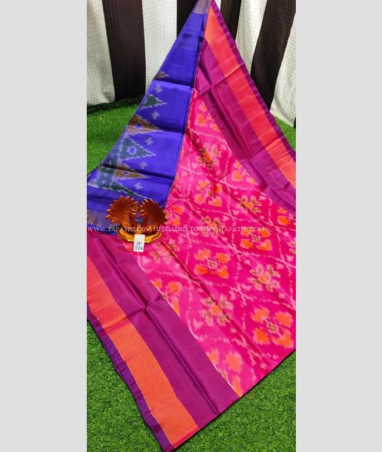 Black with Pink Pochampally Border Handloom Silk cotton saree - ShopperBoard