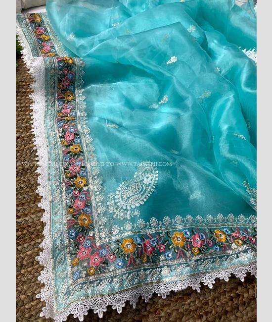 Blue Smoke Organza Silk with Embroidered Designer Saree – MySilkLove