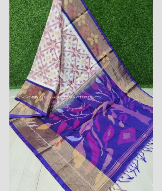 Half White and Purple color ikkat sico sarees handloom saree with All over Pochampally design IKSS0000099