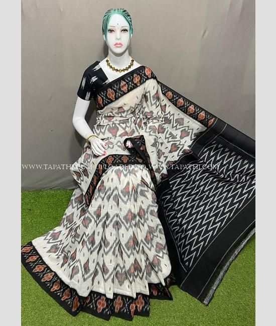 Half White and Black color pochampally Ikkat cotton handloom saree with All over Pochampally Ikkat Design