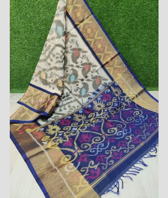 Half White and Navy Blue color ikkat sico sarees handloom saree with All over Pochampally design
