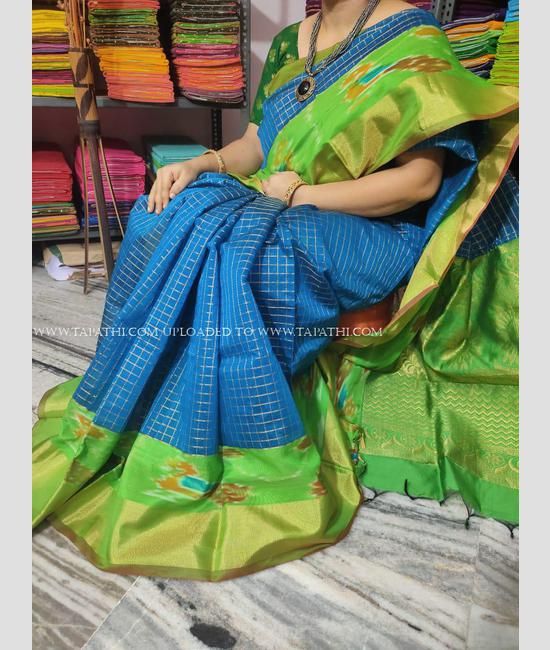 Green Handloom Pure Silk Kanjivaram Saree With Blue Borders  WeaverStory