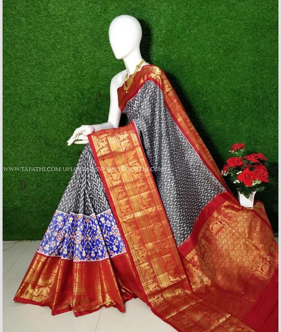 Grey and Burgundy color pochampally ikkat pure silk handloom saree with All over Twill Ikkat Leheria