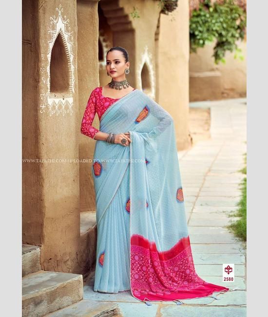 Plain blue saree sales with designer blouse