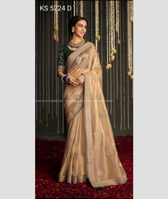 Buy Gold color korean fabric mirror and hand work wedding saree in UK, USA  and Canada