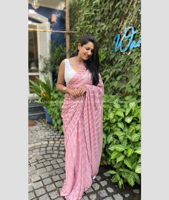 Sale Online Coral Peach Moss Chiffon Saree|SARV133822