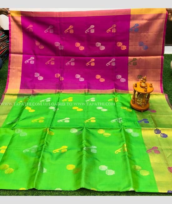 Parrot Green with Zig Zag Design Cotton Silk Saree - Loomfolks