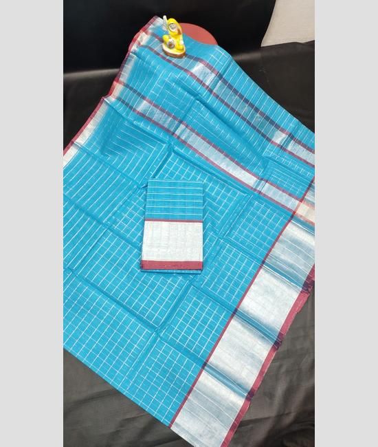 Sky blue small checked saree with dark blue border - Sri Kumaran Stores