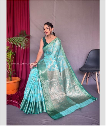 beautiful Sky Blue linen saree with gold zari border.