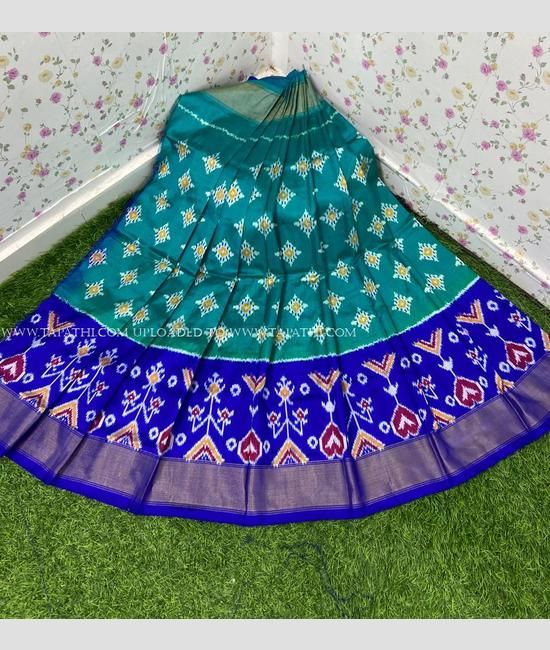 Medium Teal and Royal Blue color Ikkat Lehengas